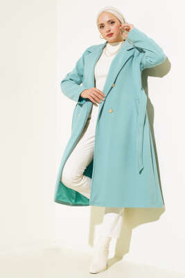 Pazarium - Gold Düğmeli Kuşaklı Kaşe Kaban Turkuaz