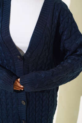 	 Uzun Düğmeli Örgü Triko Hırka Lacivert - Thumbnail