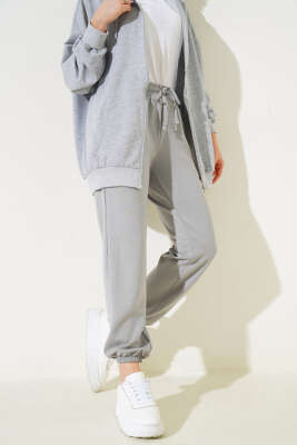 Pazarium - Bel İpli Paça Lastikli Jogger Pantolon Gri