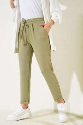 Pazarium - Beli Lastikli Duble Paça Pantolon Haki