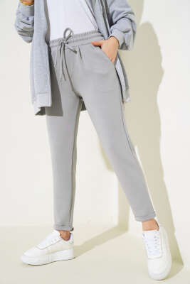 Beli Lastikli Duble Paça Pantolon Gri - Thumbnail