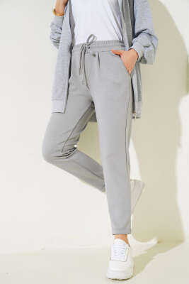 Beli Lastikli Duble Paça Pantolon Gri - Thumbnail