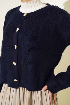 Örgü Düğmeli Kısa Hırka Lacivert - Thumbnail