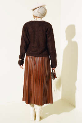 Örgü Düğmeli Kısa Hırka Kahve - Thumbnail