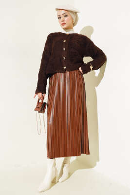 Örgü Düğmeli Kısa Hırka Kahve - Thumbnail