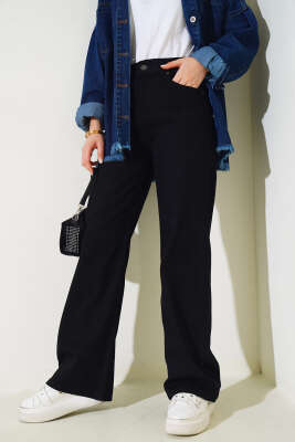 Geniş Paça Kot Palazzo Pantolon Siyah - Thumbnail