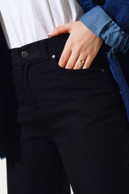 Geniş Paça Kot Palazzo Pantolon Siyah - Thumbnail