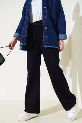 Geniş Paça Kot Palazzo Pantolon Siyah - Thumbnail