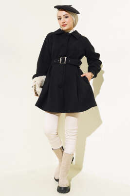 Pazarium - Kemerli Kısa Kaşe Kaban Siyah