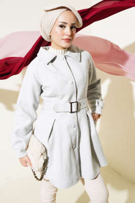 Pazarium - Kemerli Kısa Kaşe Kaban Gri