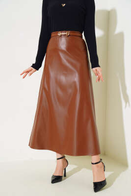 Bel Lastikli Düz Deri Etek Taba - Thumbnail