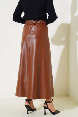 Bel Lastikli Düz Deri Etek Taba - Thumbnail