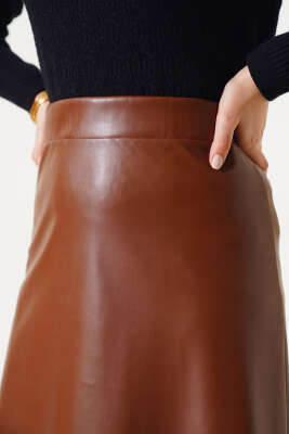 Bel Lastikli Düz Deri Etek Taba - Thumbnail