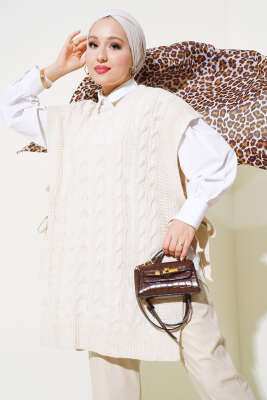 Saç Örgü Yan Bağlamalı Triko Süveter Taş - Thumbnail