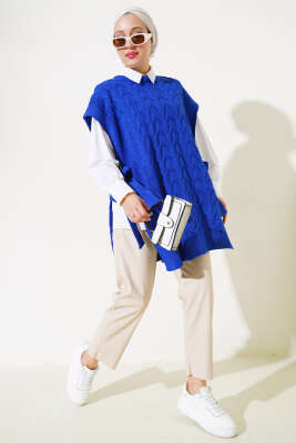 Saç Örgü Yan Bağlamalı Triko Süveter Saks - Thumbnail