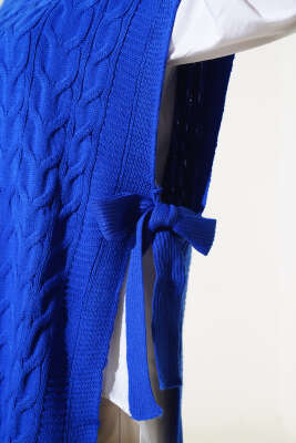 Saç Örgü Yan Bağlamalı Triko Süveter Saks - Thumbnail