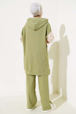 Kapüşonlu Baskılı Tunik İkili Takım Yeşil - Thumbnail