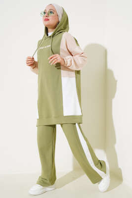 Kapüşonlu Baskılı Tunik İkili Takım Yeşil - Thumbnail