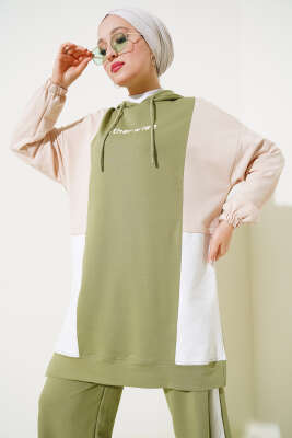 Kapüşonlu Baskılı Tunik İkili Takım Yeşil - Thumbnail