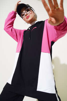 Kapüşonlu Baskılı Tunik İkili Takım Siyah - Thumbnail