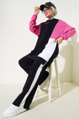 Kapüşonlu Baskılı Tunik İkili Takım Siyah - Thumbnail