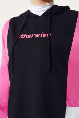 Kapüşonlu Baskılı Tunik İkili Takım Siyah - Thumbnail