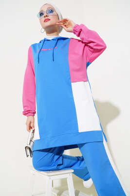 Kapüşonlu Baskılı Tunik İkili Takım Mavi - Thumbnail