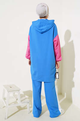 Kapüşonlu Baskılı Tunik İkili Takım Mavi - Thumbnail