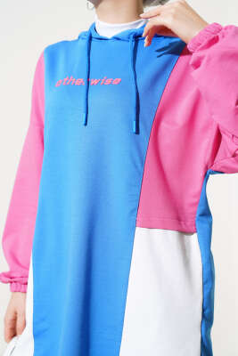 Kapüşonlu Baskılı Tunik İkili Takım Mavi - Thumbnail