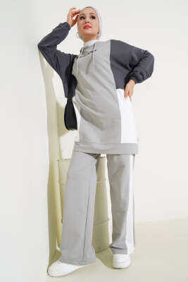 Kapüşonlu Baskılı Tunik İkili Takım Gri - Thumbnail