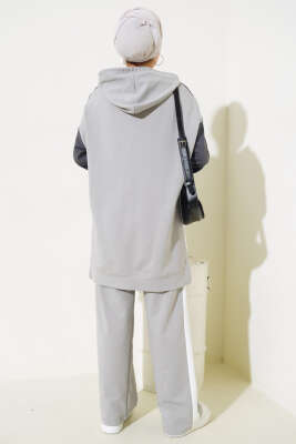 Kapüşonlu Baskılı Tunik İkili Takım Gri - Thumbnail