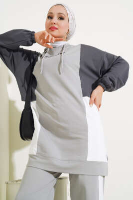 Kapüşonlu Baskılı Tunik İkili Takım Gri - Thumbnail