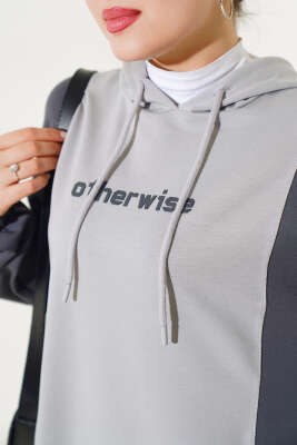 Kapüşonlu Baskılı Tunik İkili Takım Gri - Thumbnail