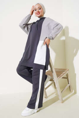 Kapüşonlu Baskılı Tunik İkili Takım Füme - Thumbnail