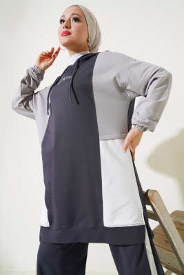 Kapüşonlu Baskılı Tunik İkili Takım Füme - Thumbnail