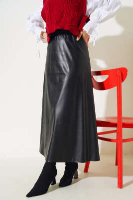 Bel Lastikli Düz Deri Etek Siyah - Thumbnail