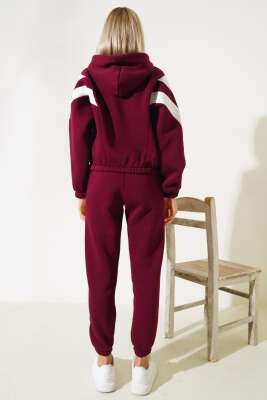 Garnili Üç İplik Sweatshirt Takım Bordo - Thumbnail
