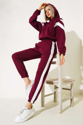 Garnili Üç İplik Sweatshirt Takım Bordo - Thumbnail
