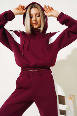 Garnili Üç İplik Sweatshirt Takım Bordo - Thumbnail