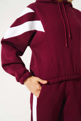 Garnili Üç İplik Sweatshirt Takım Bordo - Thumbnail