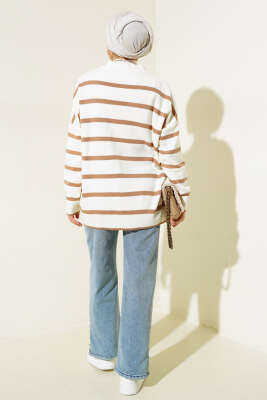 Çizgili Salaş Hırka Ekru Camel - Thumbnail