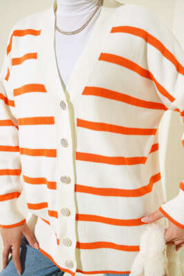 Çizgili Salaş Hırka Ekru Oranj - Thumbnail