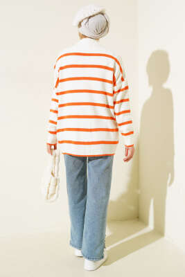 Çizgili Salaş Hırka Ekru Oranj - Thumbnail