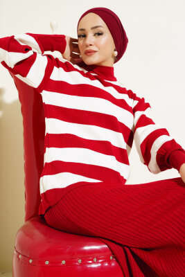 Kalın Çizgili Jile Triko İkili Takım Kırmızı - Thumbnail