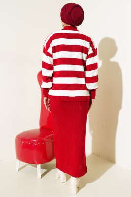 Kalın Çizgili Jile Triko İkili Takım Kırmızı - Thumbnail