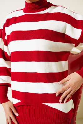 Kalın Çizgili Jile Triko İkili Takım Kırmızı - Thumbnail