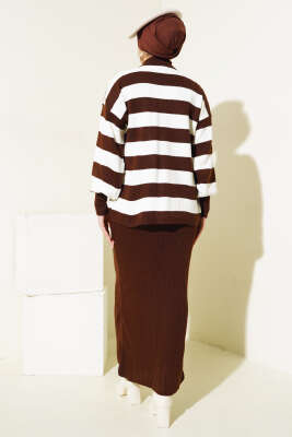 Kalın Çizgili Jile Triko İkili Takım Kahve - Thumbnail