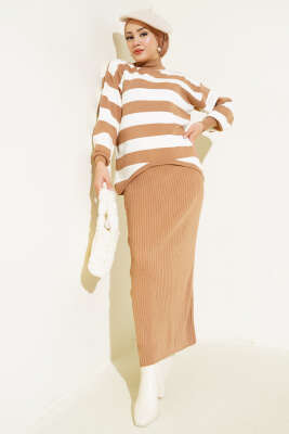 Kalın Çizgili Jile Triko İkili Takım Büsküvi - Thumbnail