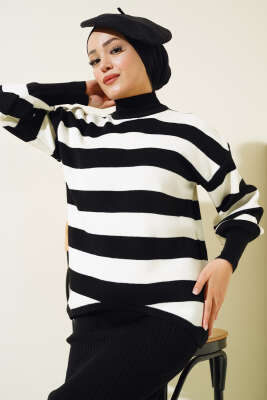 Kalın Çizgili Jile Triko İkili Takım Siyah - Thumbnail