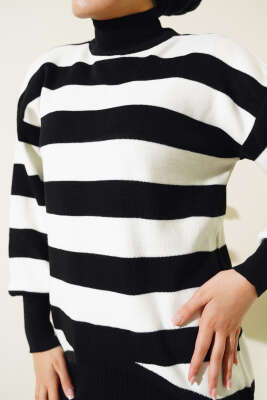 Kalın Çizgili Jile Triko İkili Takım Siyah - Thumbnail